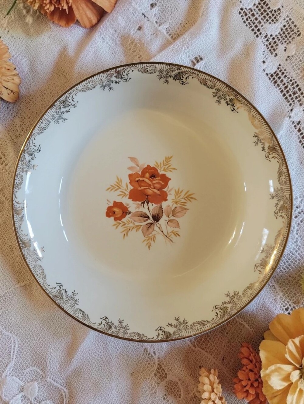 Vtg 60s Empress Orange Rose 22 Kt Gold Sears Roebuck Oven Proof 7 7/8” Bowl